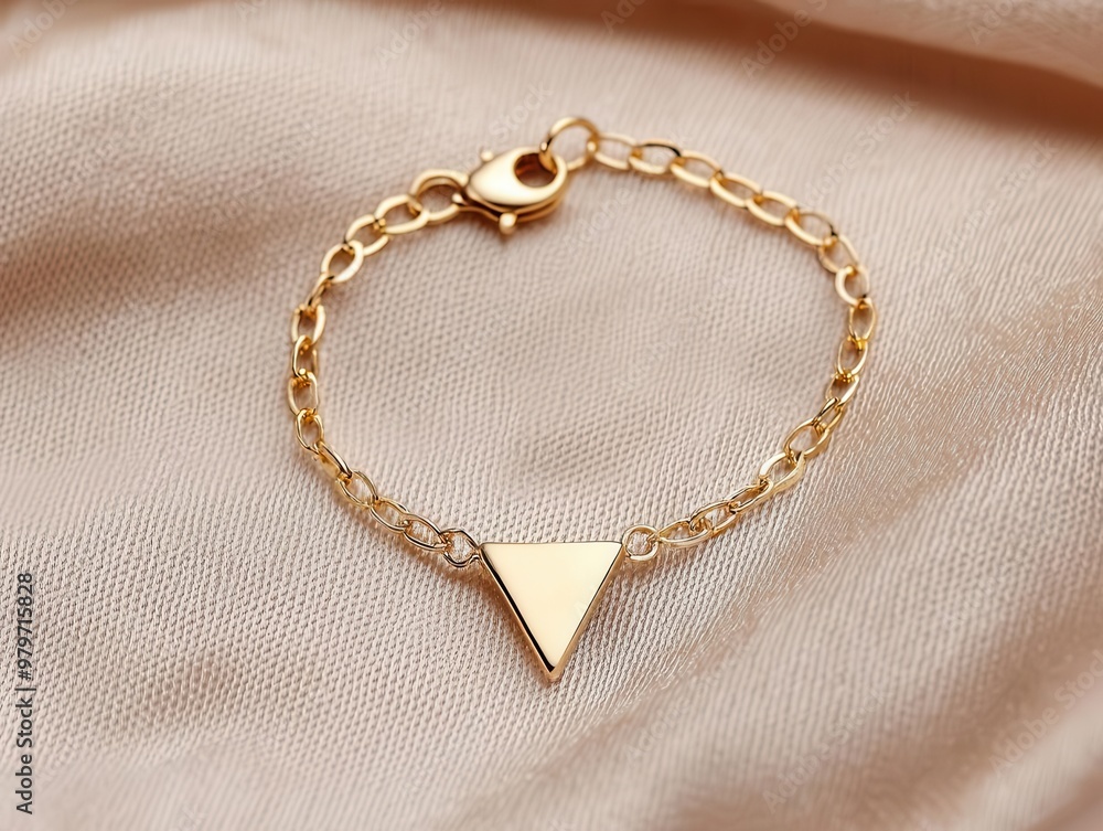 Dainty chain bracelet with minimalist triangle charm, resting on a neutral fabric backdrop, modern design Dainty chain bracelet with minimalist triangle charm, resting on a neutral fabric backdrop, modern design