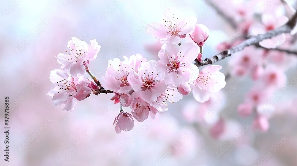 A cherry tree with abundant pink flowers in the foreground and a serene blue sky as the backdrop A cherry tree with abundant pink flowers in the foreground and a serene blue sky as the backdrop