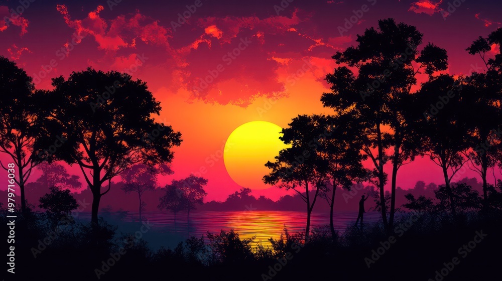 A beautiful sunset over a lake with trees in the background A beautiful sunset over a lake with trees in the background