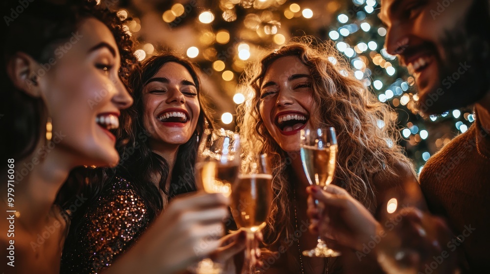 A group of friends celebrating and laughing together at a party. A group of friends celebrating and laughing together at a party.