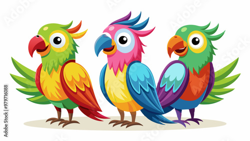 Parrot with bright colorful feathers. Cartoon vector illustration set of cute tropical birds standing. Exotic jungle pink, yellow and green birdie with beak and wings. Wild cheerful animal mascot. photo