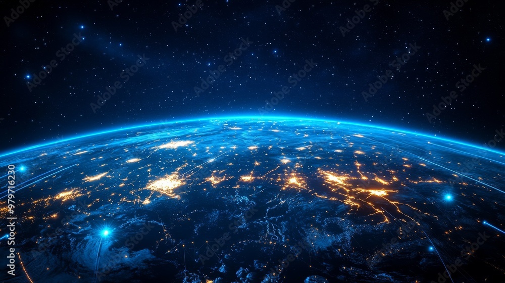 Fototapeta premium Earth at Night with City Lights and Network Connections