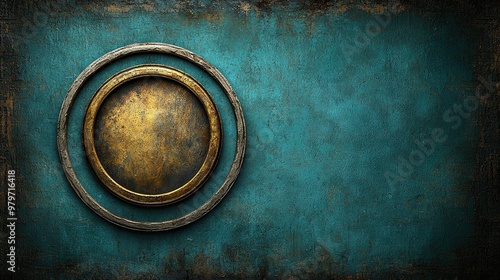   A photo depicts a circular metallic item resting on a blue background with an eroded metal band situated below it photo