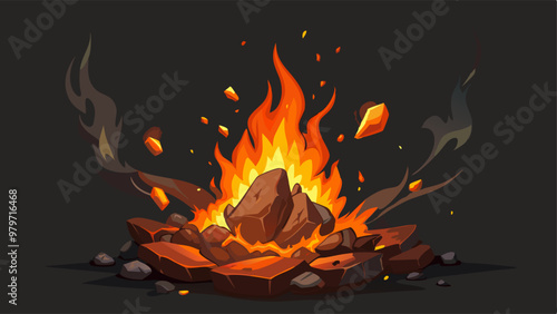 Background with fire sparks, embers and smoke. Overlay effect of burn coal, grill, hell or bonfire with flame glow, flying orange sparkles and fog on black background, vector realistic illustration