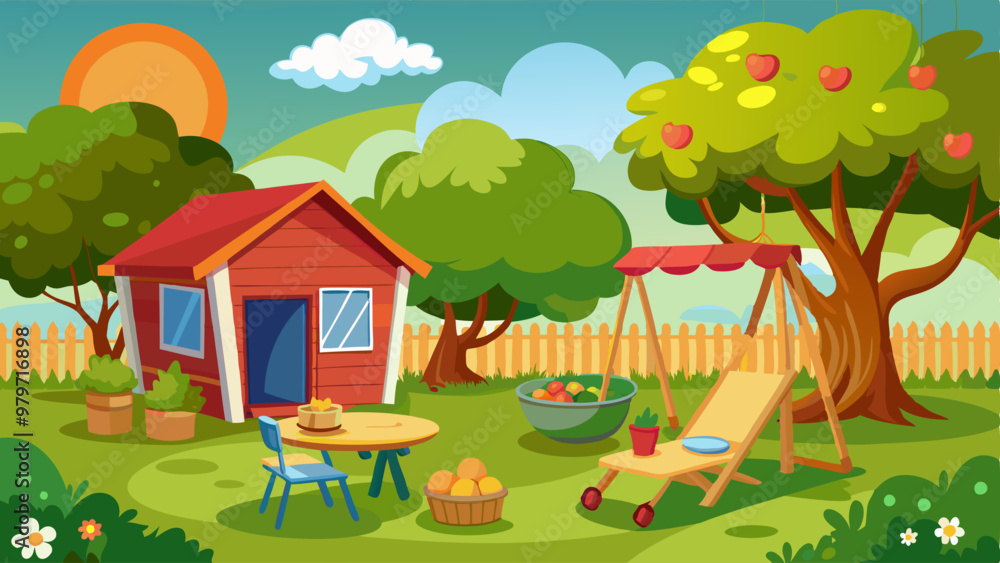Country home backyard with trees and furniture. Cartoon summer ...