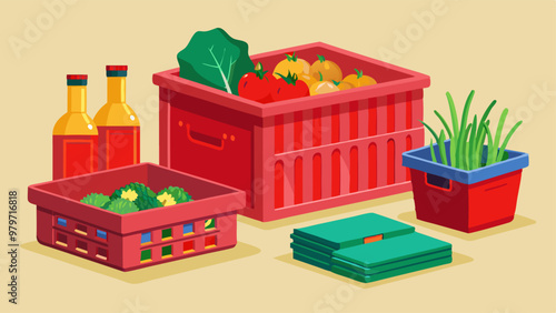 Vector set with red empty plastic crate front and side view. 3d vegetable box for grocery delivery. Reusable fruit storage in supermarket. Clean food container mockup for organizing warehouse.