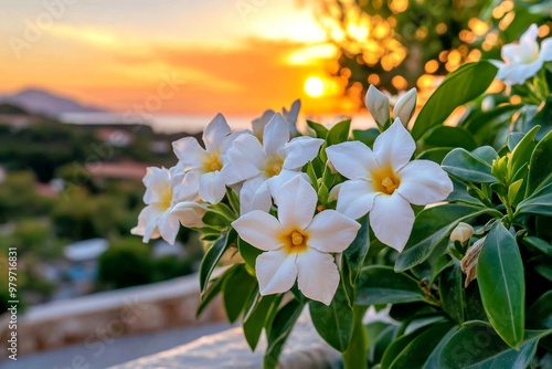 Jasmine flowers blooming at dusk, filling the air with their sweet fragrance in a Mediterranean garden photo