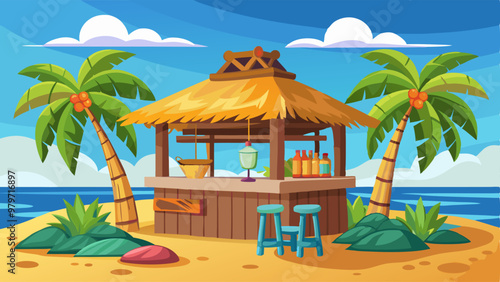 Beach bar shacks with straw roof, wooden stools, palm tree with coconut and cocktail drinks on counter. Cartoon vector illustration set of tropical tiki cafe on sand island for hawaiian vacation.