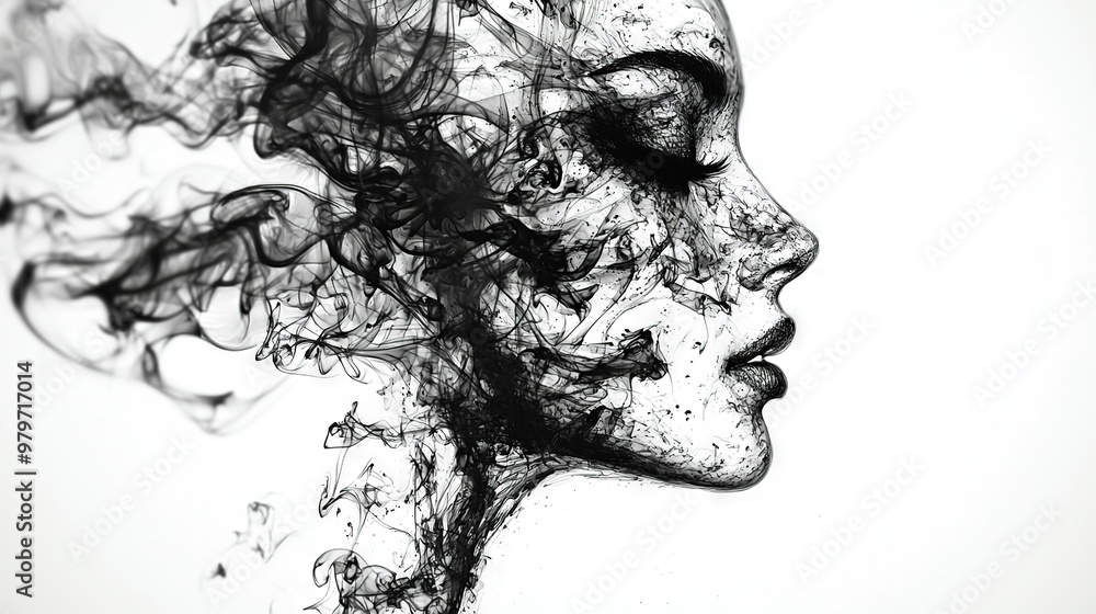 Monochromatic portrait of a woman exhaling smoke through her mouth and from her nostrils Monochromatic portrait of a woman exhaling smoke through her mouth and from her nostrils