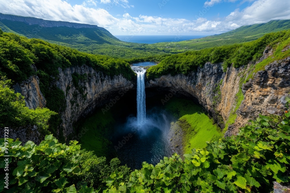 Majestic waterfall at its peak in summer, surrounded by deep green foliage and blue skies Majestic waterfall at its peak in summer, surrounded by deep green foliage and blue skies