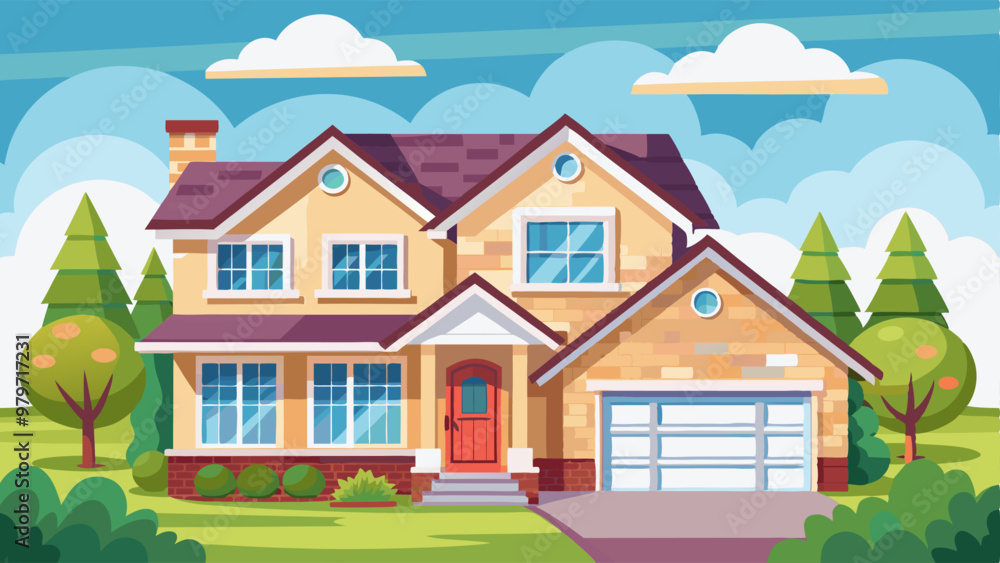 Suburban and village private house with windows and doors, roof with chimney and garage. Cartoon vector illustration set of big family home exterior. Front view on modern country cottage or villa. Suburban and village private house with windows and doors, roof with chimney and garage. Cartoon vector illustration set of big family home exterior. Front view on modern country cottage or villa.