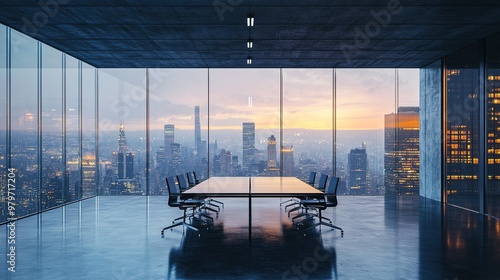 hyper modern tables in perpendicular and grid formation office layout large windows set design tech company