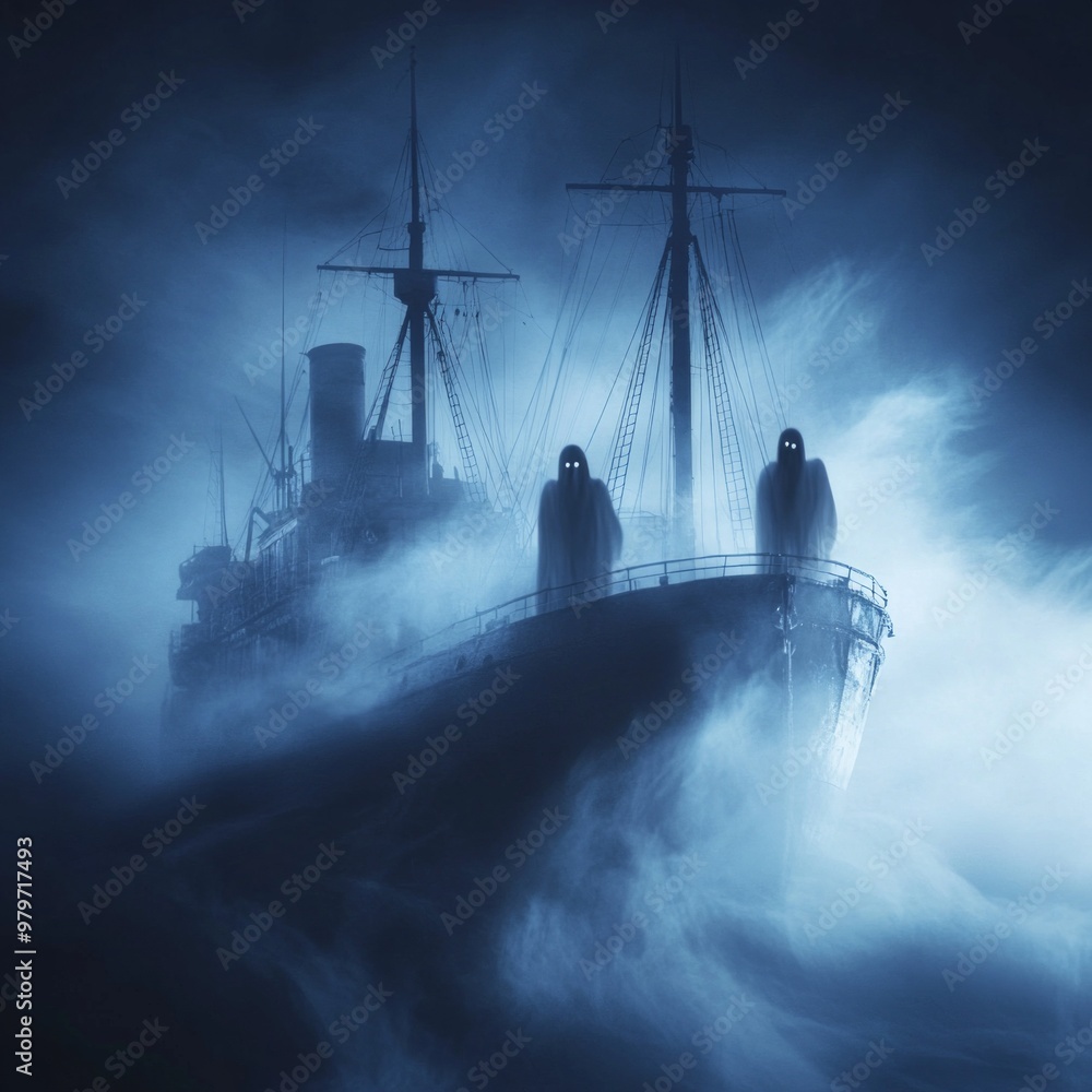 Fototapeta premium Haunted Ship Attraction, an eerie venue featuring spectral figures, shrouded in mist, with weathered sails and creaking wood, evoking a sense of mystery and adventure.