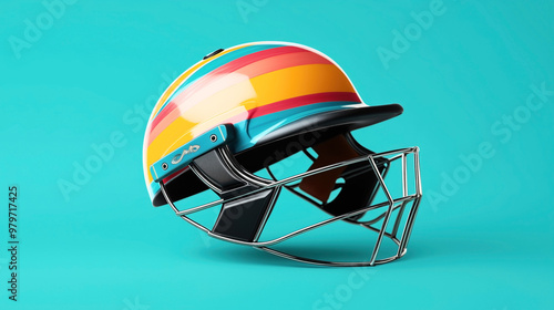 Colorful cricket helmet with yellow, orange, red, and blue stripes on a turquoise background. The helmet features a metallic faceguard and black interior padding.