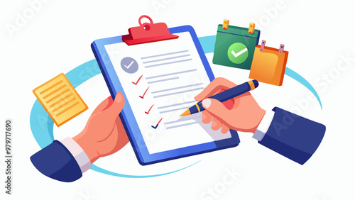 Business agreement, contract or document with signature. Hands hold clipboard with official paper and sign it with pen, isolated on white background, 3d render illustration