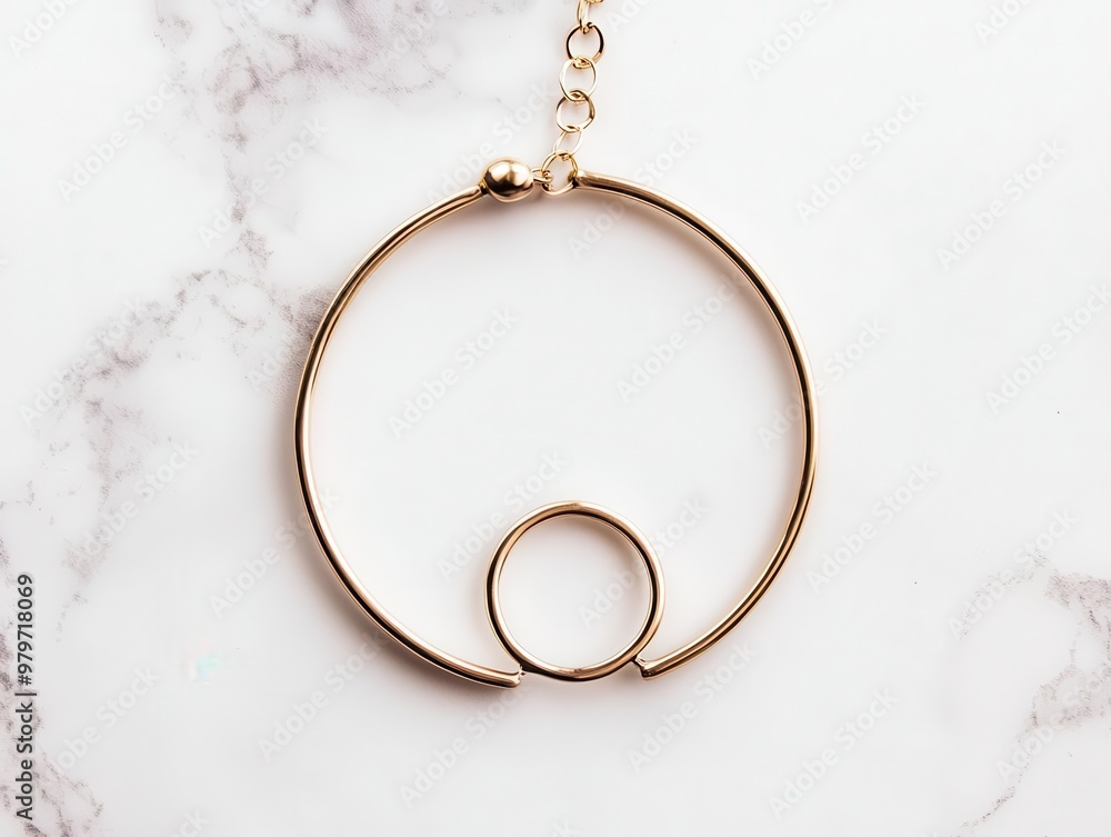 Thin metal bracelet with minimalist circle charm, lying flat on smooth marble, clean and modern aesthetic Thin metal bracelet with minimalist circle charm, lying flat on smooth marble, clean and modern aesthetic