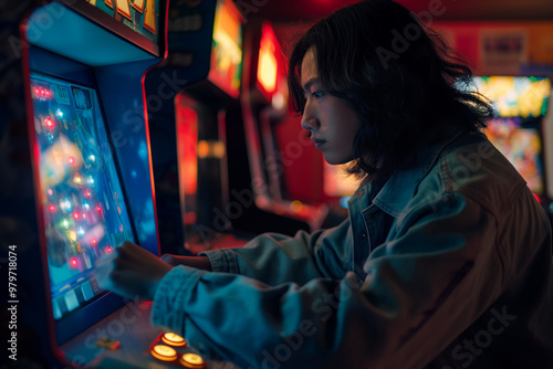 A person playing a retro arcade game in a dimly lit room photo