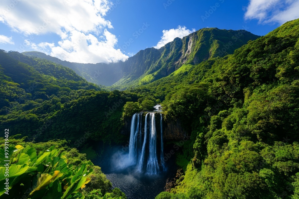 Majestic waterfall in the heart of a jungle, with sunlight filtering through the dense summer canopy Majestic waterfall in the heart of a jungle, with sunlight filtering through the dense summer canopy