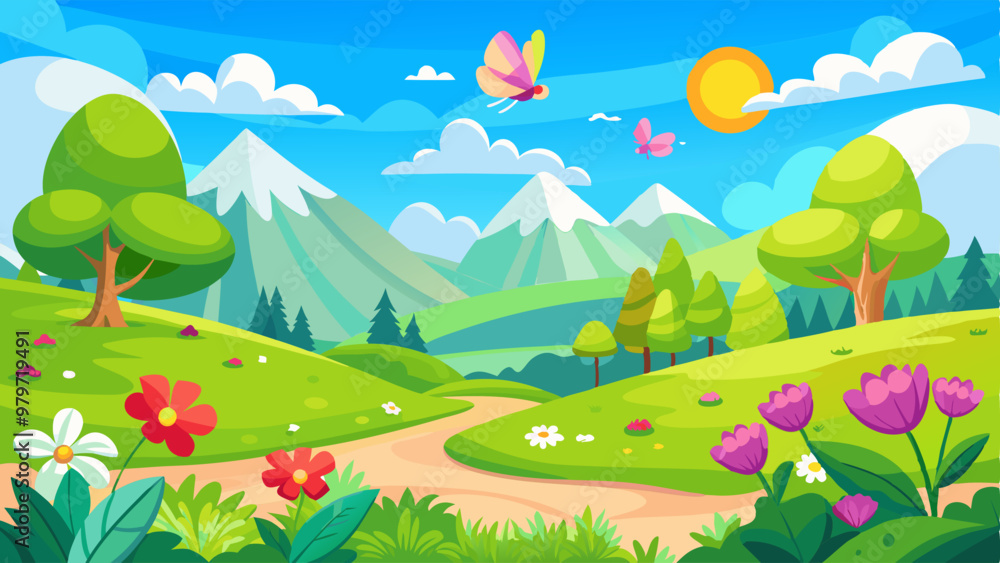 Summer valley landscape with flowers. Vector cartoon illustration of beautiful spring sunny scenery, butterflies flying above green grass on hills, trees and bushes, fluffy white clouds in blue sky Summer valley landscape with flowers. Vector cartoon illustration of beautiful spring sunny scenery, butterflies flying above green grass on hills, trees and bushes, fluffy white clouds in blue sky