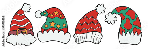 Hand drawn santa's hat set, vector, christmas hat