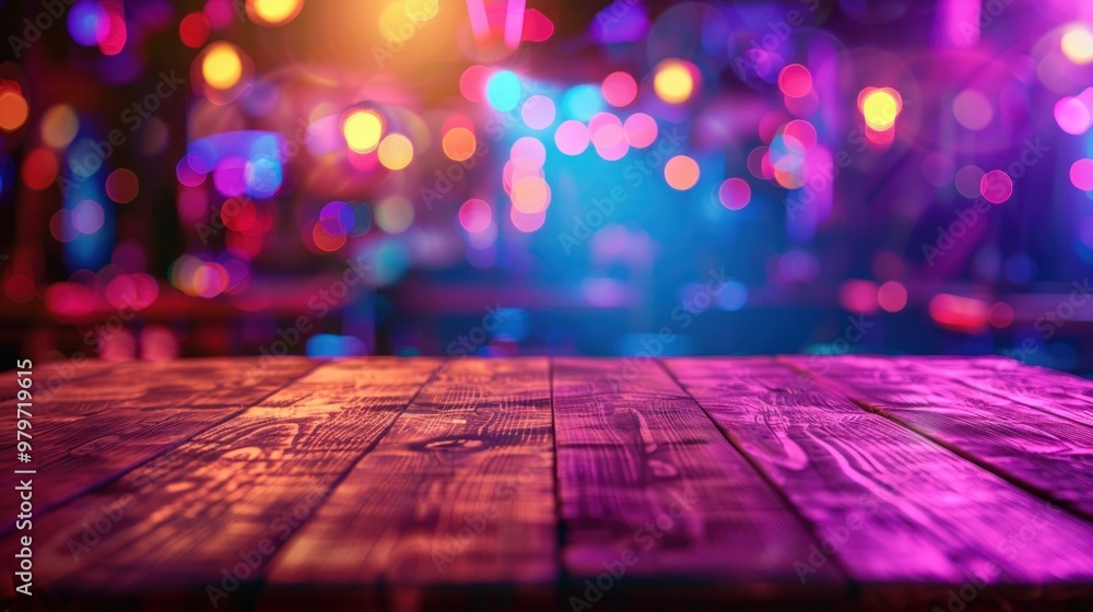 Cozy wooden table with colorful bokeh lights in the background creating a vibrant nightlife atmosphere Cozy wooden table with colorful bokeh lights in the background creating a vibrant nightlife atmosphere