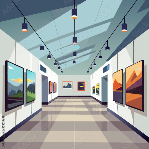 Art gallery empty interior, 3d room with white walls, floor and illumination lamps. Museum passages with lights for pictures presentation, photography contest exhibition hall, Realistic vector mock up