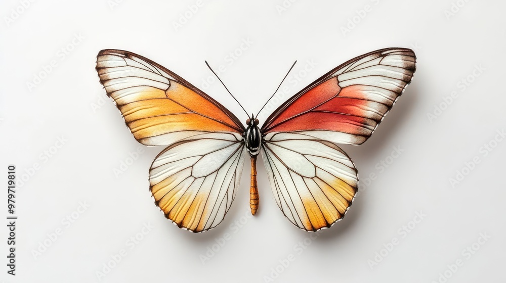 A delicate watercolor butterfly with vibrant wings, perched lightly on a white background A delicate watercolor butterfly with vibrant wings, perched lightly on a white background