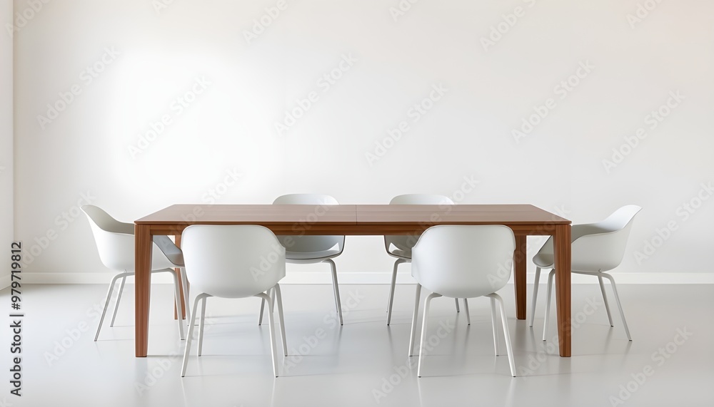 A serene and understated dining space featuring a sleek, low-profile dining table made of polished wood. A serene and understated dining space featuring a sleek, low-profile dining table made of polished wood.