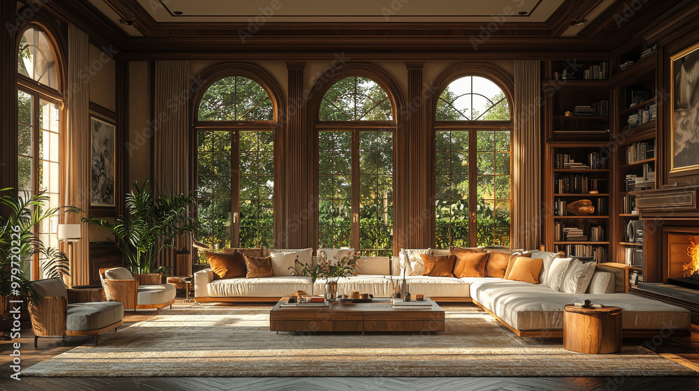 Luxurious living room with large windows and a sectional sofa. Luxurious living room with large windows and a sectional sofa.