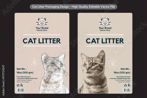 Cat Litter packaging design, cat products label pouch design editable vector file cat care illustration template download