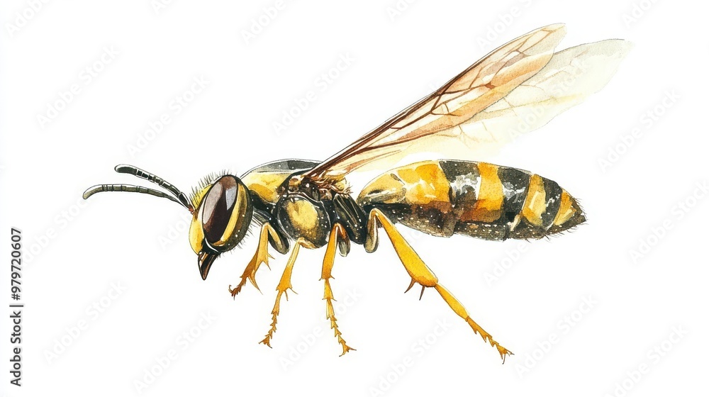 A simple yet detailed watercolor wasp, buzzing in flight over a white background A simple yet detailed watercolor wasp, buzzing in flight over a white background