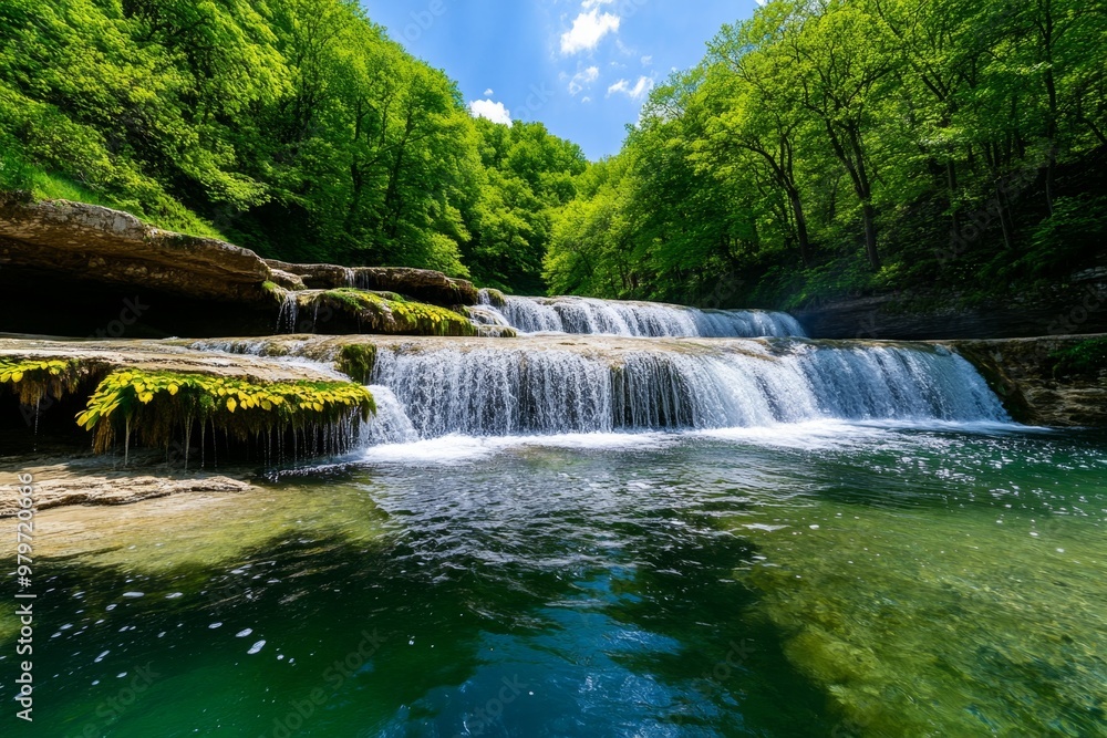 Majestic waterfall with vibrant new growth on nearby trees, the water sparkling in the spring sunlight Majestic waterfall with vibrant new growth on nearby trees, the water sparkling in the spring sunlight