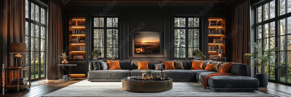 Modern living room with dark walls and large windows, comfy sectional sofa and a bookshelf. Modern living room with dark walls and large windows, comfy sectional sofa and a bookshelf.