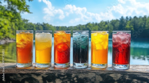 Four alembic carbonated tumblers lined up, filled with various colorful drinks, against a serene lake view, summer afternoon photo