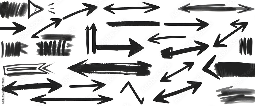 Black hand drawn arrows on a white background, vector illustration, simple design with flat colors and brush strokes. Black hand drawn arrows on a white background, vector illustration, simple design with flat colors and brush strokes.