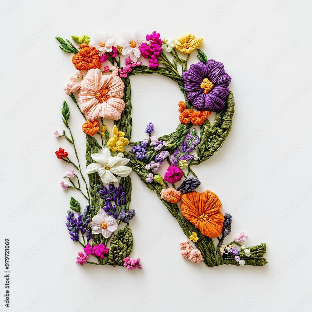 Floral R Charming floral embroidery with blooming flowers in the shape of R font ...