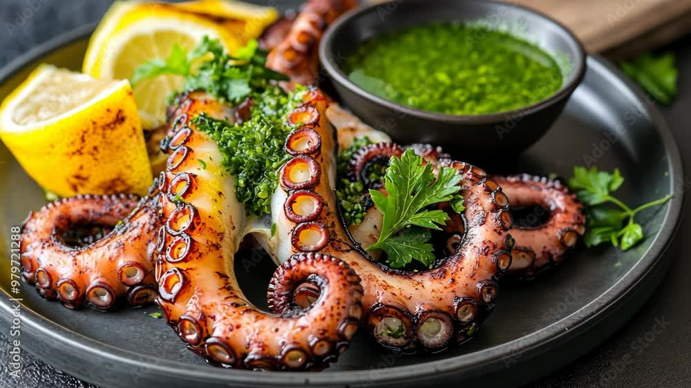 Grilled octopus garnished with herbs and citrus served on a black plate Grilled octopus garnished with herbs and citrus served on a black plate