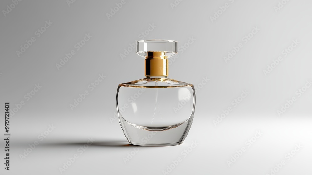 Front view of a clear glass perfume bottle with gold cap, minimalistic design, luxurious touch, solid background Front view of a clear glass perfume bottle with gold cap, minimalistic design, luxurious touch, solid background