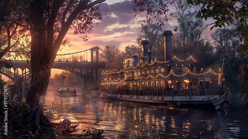 A riverboat docked at dusk with a bridge and many trees photo