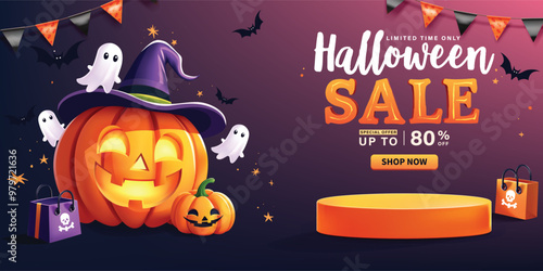 Halloween sale banner template, Perfect for promoting a sale with discounts up to 80% off. Ideal for Halloween promotions, online stores, or social media marketing during the Halloween season.