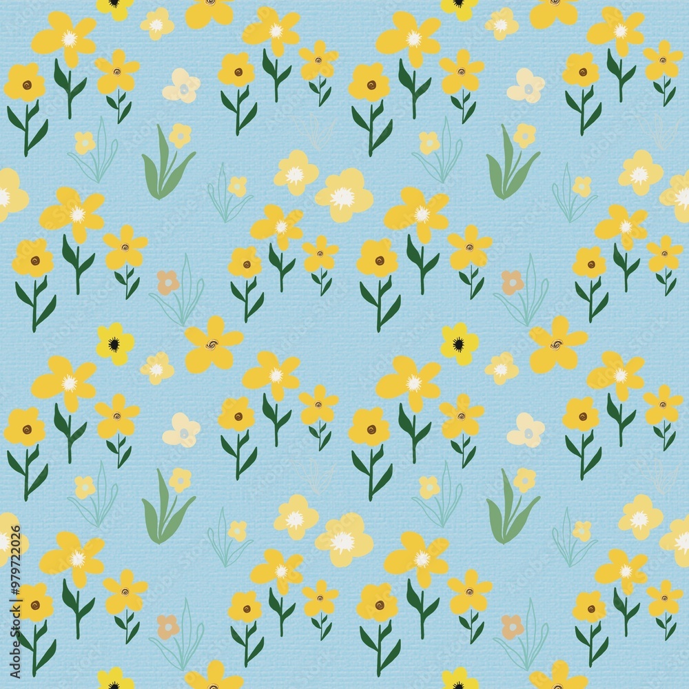 Seamless floral yellow pattern with hand drawn flowers. Spring background. Perfect for fabric design, wallpaper, batik, ceramic, shirt, apparel. Seamless floral yellow pattern with hand drawn flowers. Spring background. Perfect for fabric design, wallpaper, batik, ceramic, shirt, apparel.
