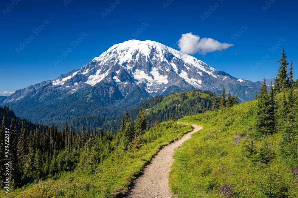Olympic National Park's Mount Olympus, its snowy peak towering above the wilderness and visible from miles away Olympic National Park's Mount Olympus, its snowy peak towering above the wilderness and visible from miles away