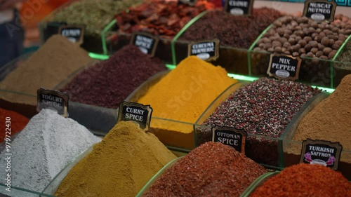 Different Kinds of Colorful Middle Eastern Spices at the Spice Market in Istanbul, Turkey. Concept of exotic flavors, food tourism, Egyptian Market, Seasoning, Aromatic, Ingredient, street market photo