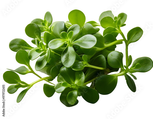 Close-up of a bunch of fresh purslane leaves. Transparent background.