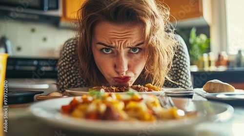 A person making a face while looking at a plate of unappealing food. photo