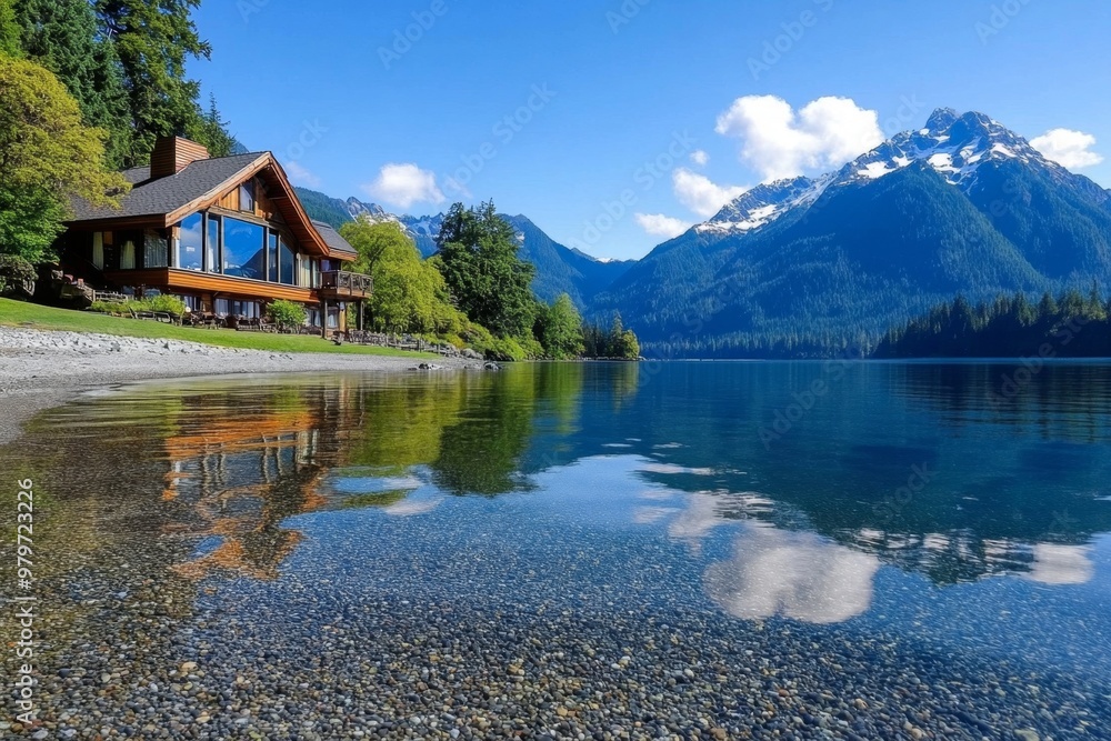 Fototapeta premium Olympic National Park's peaceful Crescent Lake Lodge, nestled on the shores of Lake Crescent and surrounded by towering mountains
