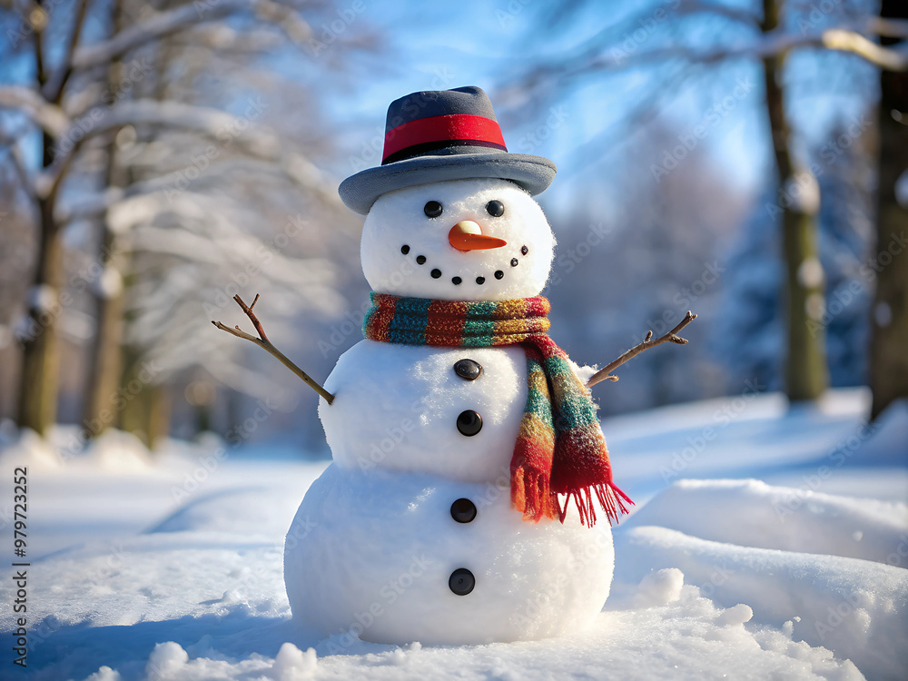 Obraz premium a snowman with a red hat and a scarf around its neck.