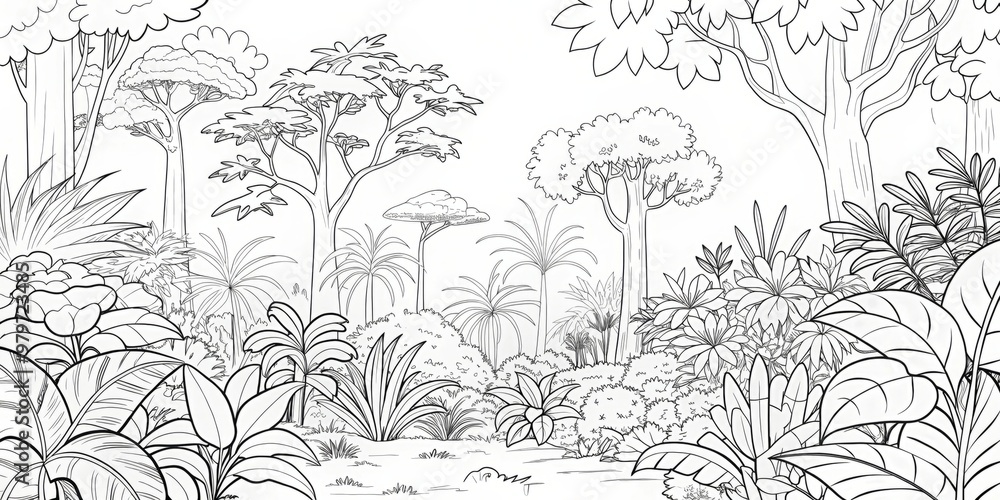 Fototapeta premium amazing black and white forest coloring. Forest coloring for kids and adults.