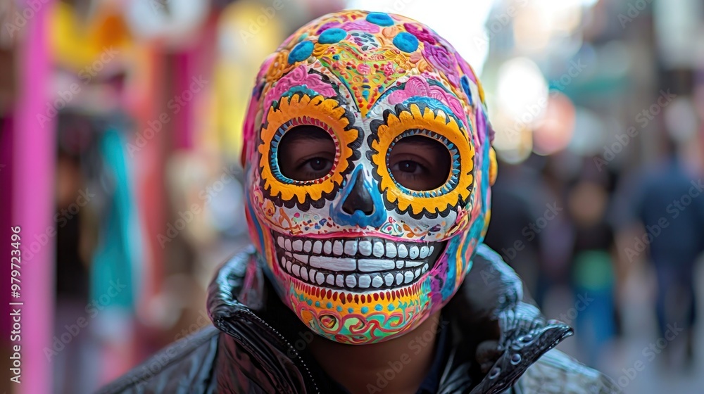 A person wearing a handmade Day of the Dead mask with vibrant patterns. A person wearing a handmade Day of the Dead mask with vibrant patterns.