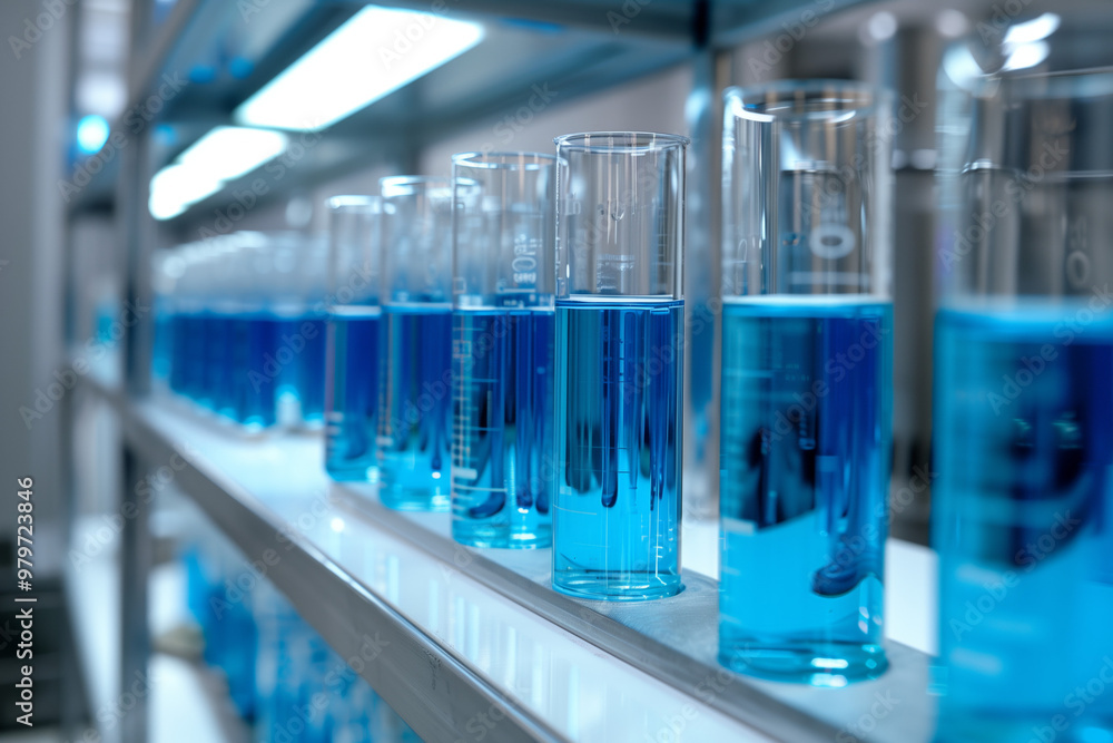 Laboratory with test tubes filled with blue liquid on shelf. Laboratory with test tubes filled with blue liquid on shelf.